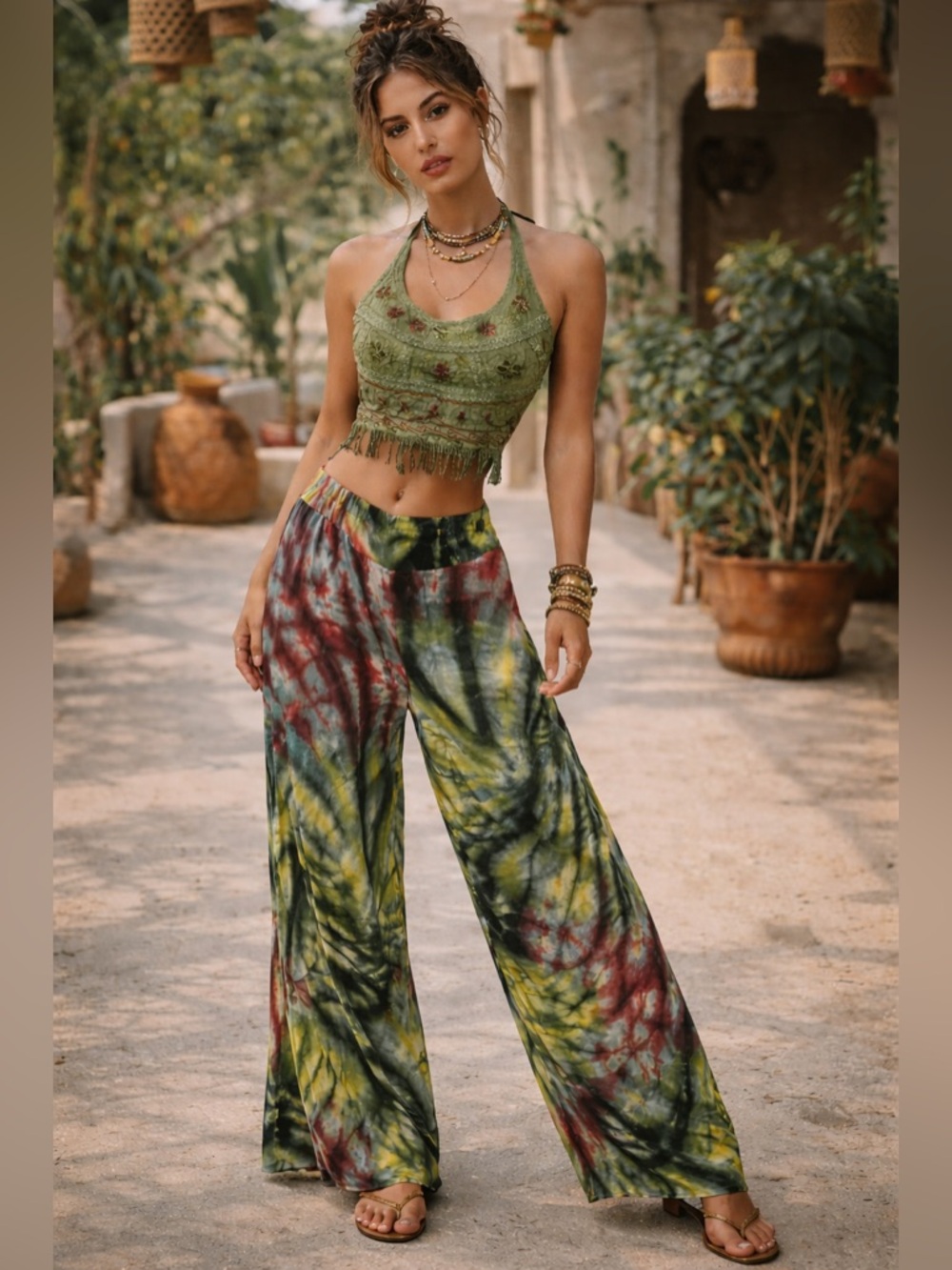 Rhea Boho One Size Fringe Crop Top + Tie Dye M Pants Set NWT